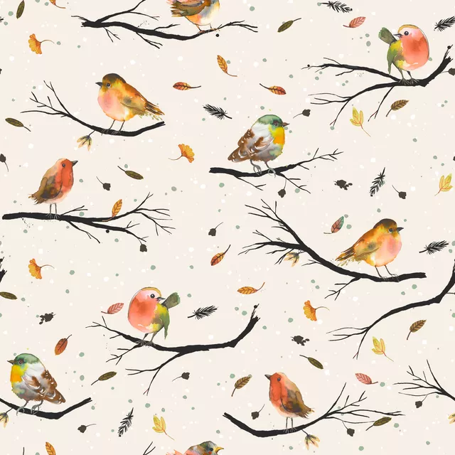Flächenvorhang Bird Branches Leaves Autumn