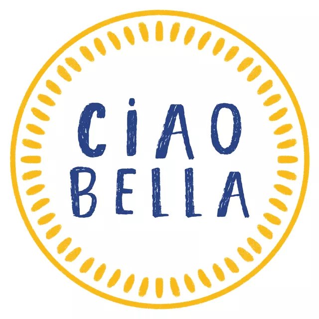 Kissen Ciao Bella Lettering Gelb Blau