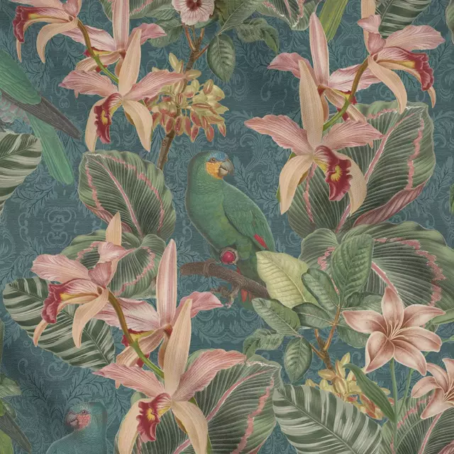 Meterware Vintage tropical birds Teal